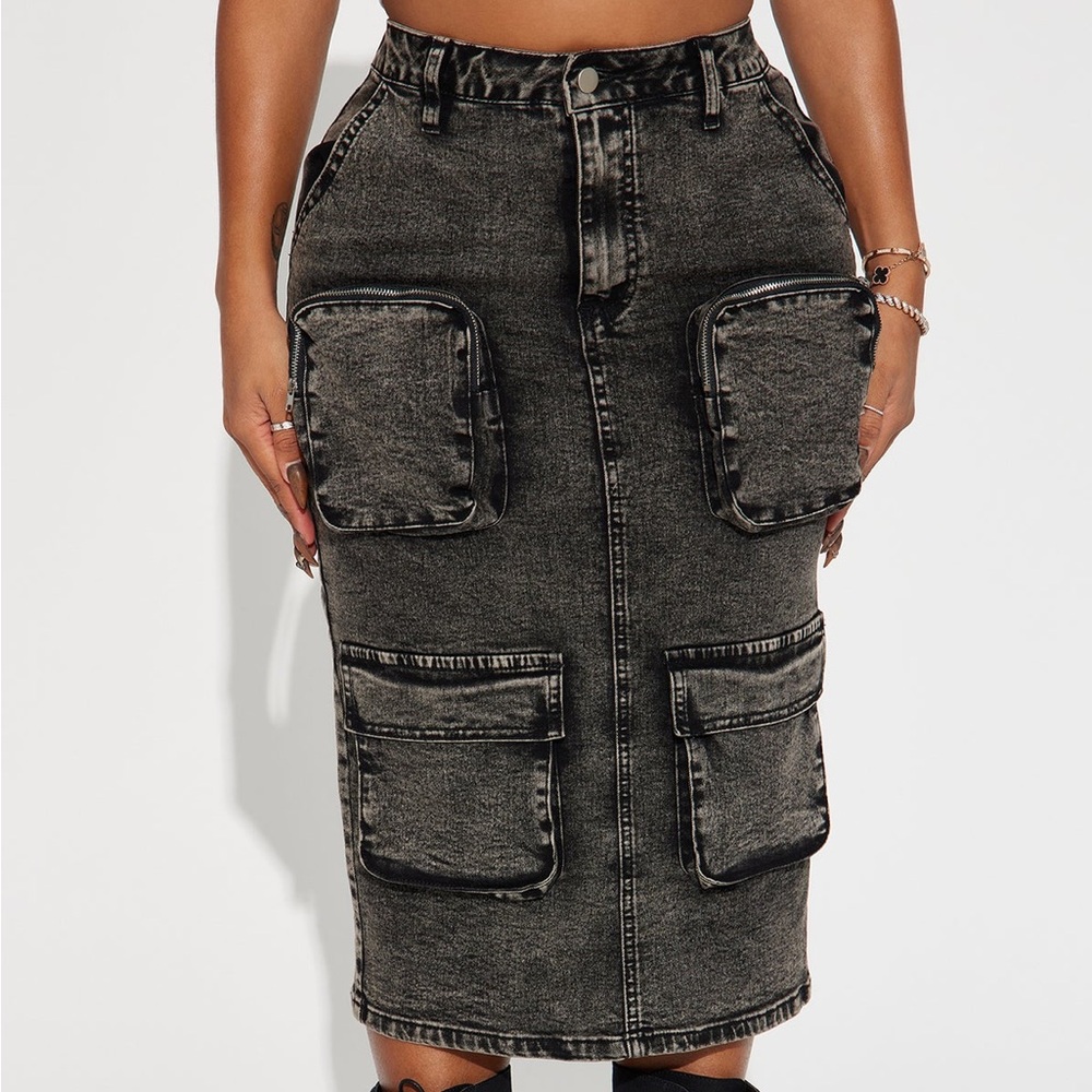FASHIONOVA | Sakura Cargo Denim Midi Skirt - Black/combo - Picture 8 of 9